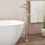 Signature Hardware Elita Floor Mounted Tub Filler Faucet with Cross Handle - Includes Hand Shower, Less Valve Brushed Nickel