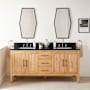 Signature Hardware Ayanna 72" Freestanding Mindi Wood Double Basin Vanity Set with Cabinet, Vanity Top and Rectangular Undermount Sinks - 8" Faucet Holes Natural Mindi / Carbon Black