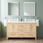 Signature Hardware Arrietty 60" Freestanding Bamboo Double Basin Vanity Set with Cabinet, Vanity Top, and Rectangular Undermount Sinks - 8" Widespread Faucet Holes Natural Bamboo / Carrara