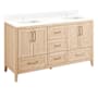Signature Hardware Arrietty 60" Freestanding Bamboo Double Basin Vanity Set with Cabinet, Vanity Top, and Rectangular Undermount Sinks -Double Faucet Hole Natural Bamboo / Feathered White