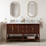 Signature Hardware Nikolai 60" Freestanding Mahogany Double Basin Vanity Set with Cabinet, Vanity Top, and Rectangular Undermount Sinks - Single Faucet Holes Winterland Walnut / Carrara Marble
