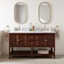 Signature Hardware Nikolai 60" Freestanding Mahogany Double Basin Vanity Set with Cabinet, Vanity Top, and Oval Undermount Sinks - 8" Faucet Holes Winterland Walnut / Carrara Marble