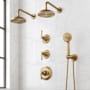 Signature Hardware Marceau Thermostatic Shower System with Dual Shower Heads, Lever Handles, Hand Shower, Shower Arm, Hose, and Valve Trim - Rough-In Valve Included Aged Brass