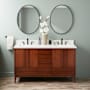 Signature Hardware Sybill 60" Freestanding Mahogany Double Basin Vanity Set with Cabinet, Vanity Top, and Rectangular Porcelain Sink - 8" Faucet Holes Washed Walnut / Arctic White