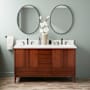 Signature Hardware Sybill 60" Freestanding Mahogany Double Basin Vanity Set with Cabinet, Vanity Top, and Oval Porcelain Sink - 8" Faucet Holes Washed Walnut / Arctic White