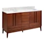 Signature Hardware Sybill 60" Freestanding Mahogany Double Basin Vanity Set with Cabinet, Vanity Top, and Oval Porcelain Sink - 8" Faucet Holes Washed Walnut / Carrara