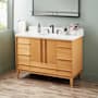 Signature Hardware Sybill 48" Freestanding Teak Single Basin Vanity Set with Cabinet, Vanity Top, and Oval Porcelain Sink - 8" Faucet Holes Natural Teak / Arctic White