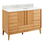 Signature Hardware Sybill 48" Freestanding Teak Single Basin Vanity Set with Cabinet, Vanity Top, and Oval Porcelain Sink - 8" Faucet Holes Natural Teak / Carrara