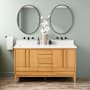 Signature Hardware Sybill 60" Freestanding Teak Double Basin Vanity Set with Cabinet, Vanity Top, and Rectangular Porcelain Sink - No Faucet Holes Natural Teak / Arctic White