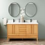 Signature Hardware Sybill 60" Freestanding Teak Double Basin Vanity Set with Cabinet, Vanity Top, and Rectangular Porcelain Sink - Double Faucet Holes Natural Teak / Arctic White