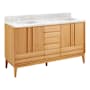 Signature Hardware Sybill 60" Freestanding Teak Double Basin Vanity Set with Cabinet, Vanity Top, and Rectangular Porcelain Sink - Double Faucet Holes Natural Teak / Carrara