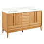 Signature Hardware Sybill 60" Freestanding Teak Double Basin Vanity Set with Cabinet, Vanity Top, and Rectangular Porcelain Sink - Double Faucet Holes Natural Teak / Feathered White