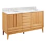 Signature Hardware Sybill 60" Freestanding Teak Double Basin Vanity Set with Cabinet, Vanity Top, and Oval Porcelain Sink - 8" Faucet Holes Natural Teak / Carrara