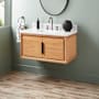 Signature Hardware Aliso 36" Wall Mount Teak Single Basin Vanity Set with Cabinet, Vanity Top, and Rectangular Undermount Sink - 8" Faucet Holes Natural Teak / Carrara