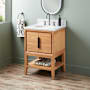 Signature Hardware Aliso 24" Console Teak Single Basin Vanity Set with Cabinet, Vanity Top, and Oval Undermount Sink - 8" Faucet Holes Natural Teak / Carrara