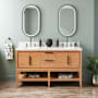 Signature Hardware Aliso 60" Console Teak Double Basin Vanity Set with Cabinet, Vanity Top, and Oval Undermount Sinks - 8" Faucet Holes Natural Teak / Carrara