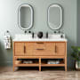 Signature Hardware Aliso 60" Console Teak Double Basin Vanity Set with Cabinet, Vanity Top, and Rectangular Undermount Sinks - No Faucet Holes Natural Teak / Carrara