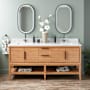 Signature Hardware Aliso 72" Console Teak Double Basin Vanity Set with Cabinet, Vanity Top, and Rectangular Undermount Sinks - Single Faucet Holes Natural Teak / Carrara