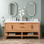 Signature Hardware Aliso 72" Console Teak Double Basin Vanity Set with Cabinet, Vanity Top, and Rectangular Undermount Sinks - 8" Faucet Holes Natural Teak / Carrara