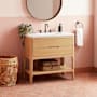 Signature Hardware Rheya 36" Console Single Basin Vanity Set with Cabinet and Solid Surface Vanity Top with Rectangular Integrated Sink - 8" Faucet Holes Blonde Oak