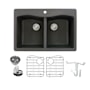 Transolid Aversa 33" Drop In Double Basin Granite Kitchen Sink with Basin Rack and Basket Strainer Black