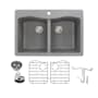 Transolid Aversa 33" Drop In Double Basin Granite Kitchen Sink with Basin Rack and Basket Strainer Grey