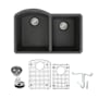 Transolid Aversa 31-3/8" Undermount Double Basin Granite Kitchen Sink with Basin Rack and Basket Strainer Black