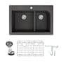 Transolid Radius 33" Drop In Double Basin Granite Kitchen Sink with Basin Rack and Basket Strainer Black