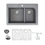 Transolid Radius 33" Drop In Double Basin Granite Kitchen Sink with Basin Rack and Basket Strainer Grey