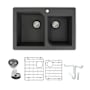 Transolid Radius 3-1/16" Drop In Double Basin Granite Kitchen Sink with Basin Rack and Basket Strainer Black