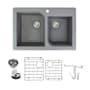 Transolid Radius 3-1/16" Drop In Double Basin Granite Kitchen Sink with Basin Rack and Basket Strainer Grey
