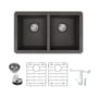 Transolid Radius 31-3/4" Undermount Double Basin Granite Kitchen Sink with Basin Rack and Basket Strainer Black