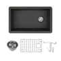 Transolid Radius 31-3/4" Undermount Single Basin Granite Kitchen Sink with Basin Rack and Basket Strainer Black