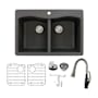 Transolid Aversa 33" Drop In Double Basin Granite Kitchen Sink with Basin Rack and Basket Strainer Black