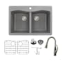 Transolid Aversa 33" Drop In Double Basin Granite Kitchen Sink with Basin Rack and Basket Strainer Grey