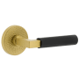Viaggio Split Finish Right Handed Solid Brass Passage Door Lever Set with Contempo Lever and Circolo Hammered Rose - 2-3/8" Backset Satin Brass / Satin Black