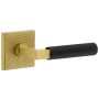 Viaggio Split Finish Right Handed Solid Brass Passage Door Lever Set with Contempo Fluted Lever and Quadrato Hammered Rose - 2-3/8" Backset Satin Brass / Satin Black