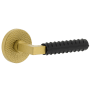 Viaggio Split Finish Right Handed Solid Brass Passage Door Lever Set with Contempo Rebar Lever and Circolo Hammered Rose - 2-3/4" Backset Satin Brass / Satin Black