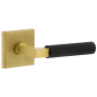 Viaggio Split Finish Right Handed Solid Brass Privacy Door Lever Set with Contempo Lever and Quadrato Hammered Rose - 2-3/8" Backset Satin Brass / Satin Black