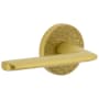 Viaggio Motivo Left Handed Solid Brass Non-Turning One-Sided Dummy Door Lever with Brezza Lever and Circolo Leather Rosette Satin Brass