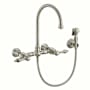Whitehaus Vintage III Plus 1.5 GPM Widespread Wall Mount Kitchen Faucet with Gooseneck Swivel Spout and Solid Brass Side Spray Brushed Nickel