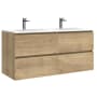 WS Bath Collections Flora 48" Wall Mounted Double Basin Vanity Set with Cabinet and Ceramic Vanity Top Natural Oak