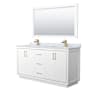 Wyndham Collection Icon 66" Free Standing Double Basin Vanity Set with Cabinet, Marble Vanity Top, and Framed Mirror White / Satin Bronze Hardware