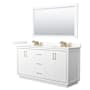 Wyndham Collection Icon 66" Free Standing Double Basin Vanity Set with Cabinet, Quartz Vanity Top, and Framed Mirror White / Giotto Quartz Top / Satin Bronze Hardware