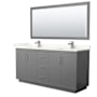 Wyndham Collection Icon 72" Free Standing Double Basin Vanity Set with Cabinet, Quartz Vanity Top, and Framed Mirror Dark Gray / Giotto Quartz Top / Brushed Nickel Hardware