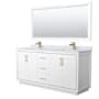 Wyndham Collection Icon 72" Free Standing Double Basin Vanity Set with Cabinet, Marble Vanity Top, and Framed Mirror White / Satin Bronze Hardware