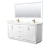 Wyndham Collection Icon 72" Free Standing Double Basin Vanity Set with Cabinet, Quartz Vanity Top, and Framed Mirror White / Giotto Quartz Top / Satin Bronze Hardware