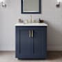 Wyndham Collection Miranda 30" Free Standing Single Basin Vanity Set with Cabinet, Quartz Vanity Top, and Framed Mirror Dark Blue / Giotto Quartz Top / Brushed Gold Hardware