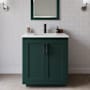 Wyndham Collection Miranda 30" Free Standing Single Basin Vanity Set with Cabinet, Cultured Marble Vanity Top, and Framed Mirror Green / Carrara Cultured Marble Top / Matte Black Hardware
