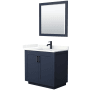 Wyndham Collection Miranda 36" Free Standing Single Basin Vanity Set with Cabinet, Quartz Vanity Top, and Framed Mirror Dark Blue / Giotto Quartz Top / Matte Black Hardware
